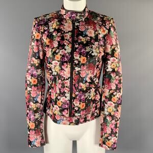NEIMAN MARCUS Size XS Black Multi-Color Leather Floral Biker Jacket